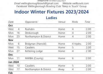 WELLINGBOROUGH BOWLING CLUB - INDOOR FIXTURES 2023-24